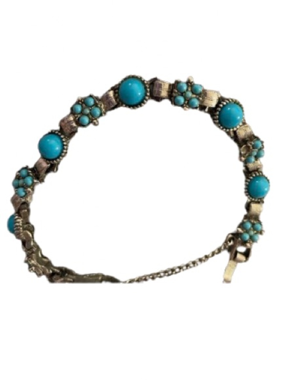 Vintage Mid-Century Silvertone Turquoise Floral Link Bracelet with Safety Chain